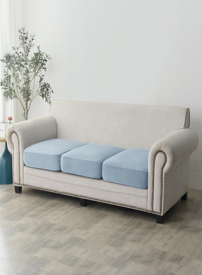 CONRUSER Stretch Cushion Cover, Soft Velvet Plush Cushion Slipcover Seat Sofa Covers Furniture Protector with Elastic Bottom (Light Blue, 3) - Image 2